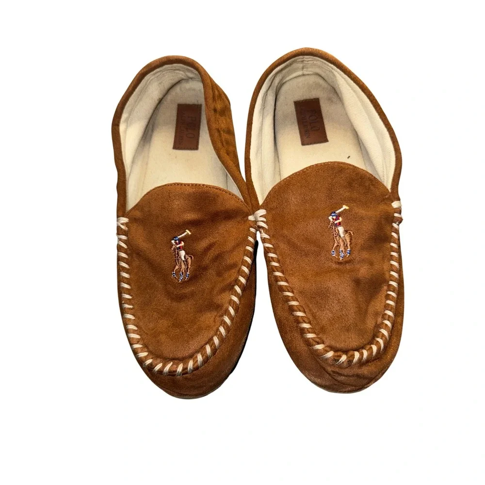 Polo Ralph Lauren Brown Suede Moccasin Slippers Pony Logo Men's Size 12